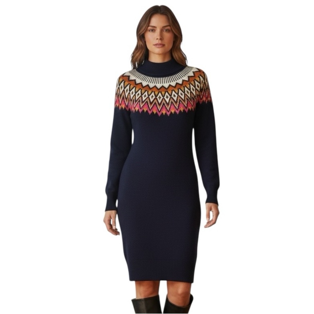 Navy Fair Isle Sweater Dress Long Sleeve Winter Knit Dress Women’s Medium Warm